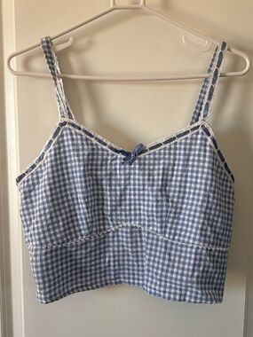 Japna Blue Gingham Lace-Trim Crop Tank